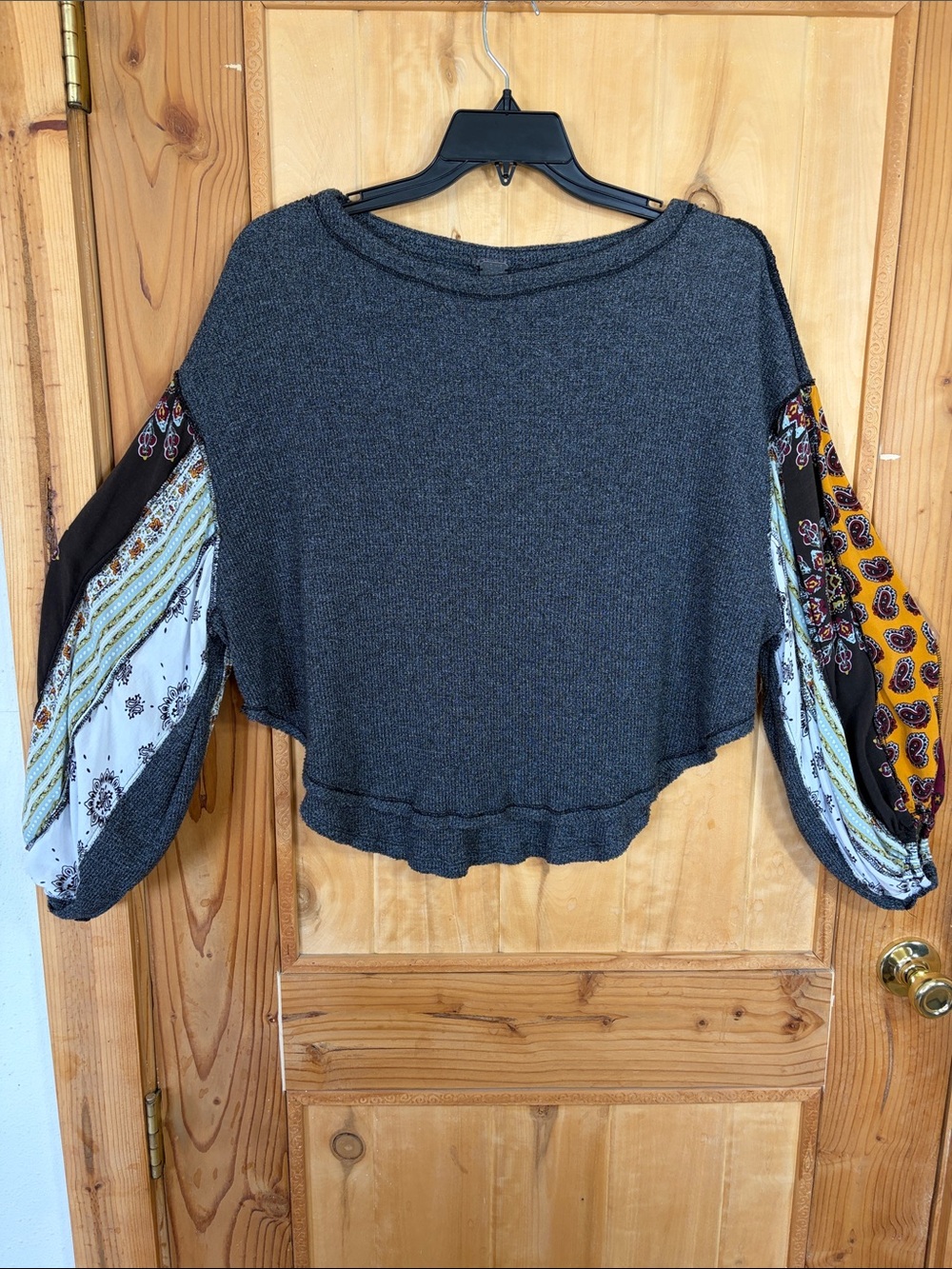 We The Free Charcoal Cropped Sweatshirt with Patterned Boho Sleeves